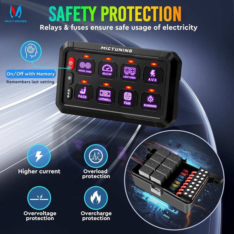 MICTUNING 8 Gang RGB Switch Panel P1s-R, Universal Circuit Control Relay System Box with Adjustable Brightness On-Off Toggle Switch Momentary Pod Touch for Car Truck SUV ATV Boat - Image 4